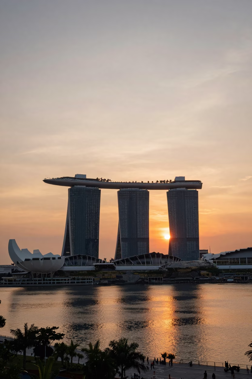 Singapore Marina Bay Sands Sunset Horizon View with Lotus Pond Reflections in in Singapore, Singapore