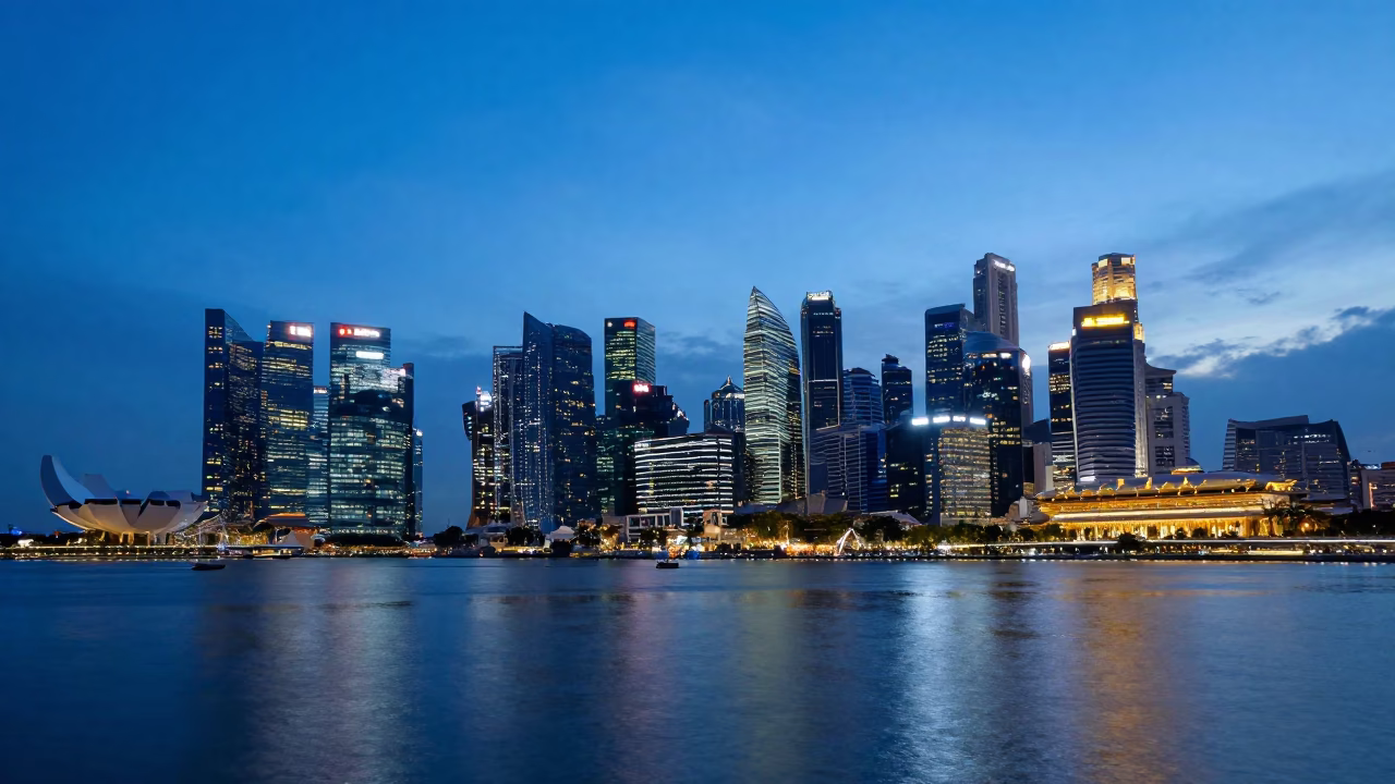 Singapore Marina Bay Sands waterfront promenade evening blue hour street scene in in Singapore, Singapore