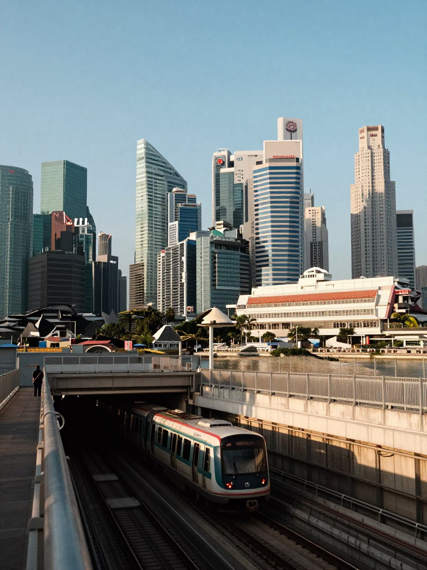 Singapore Marina Bay Skyline at Late Afternoon with Metro Train Emerging from Tunnel in in Singapore, Singapore