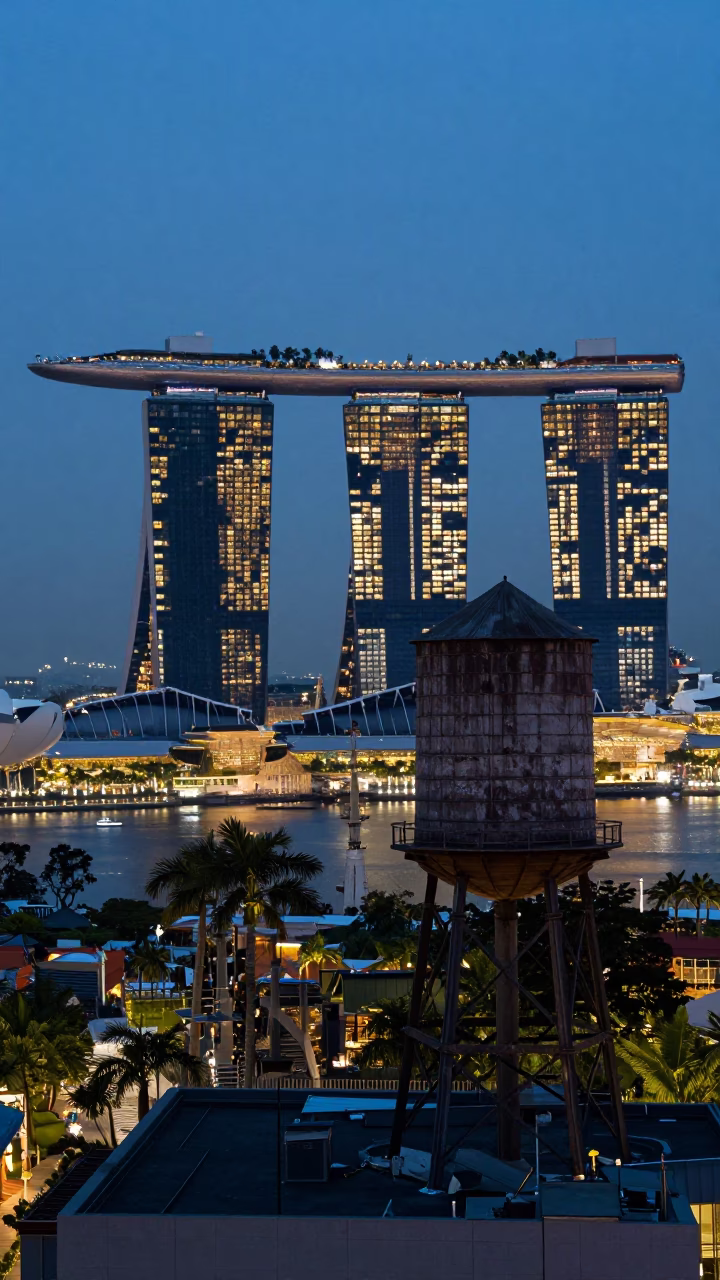 Singapore Marina Bay Twilight View with Water Tower Rooftop and City Skyline in in Singapore, Singapore