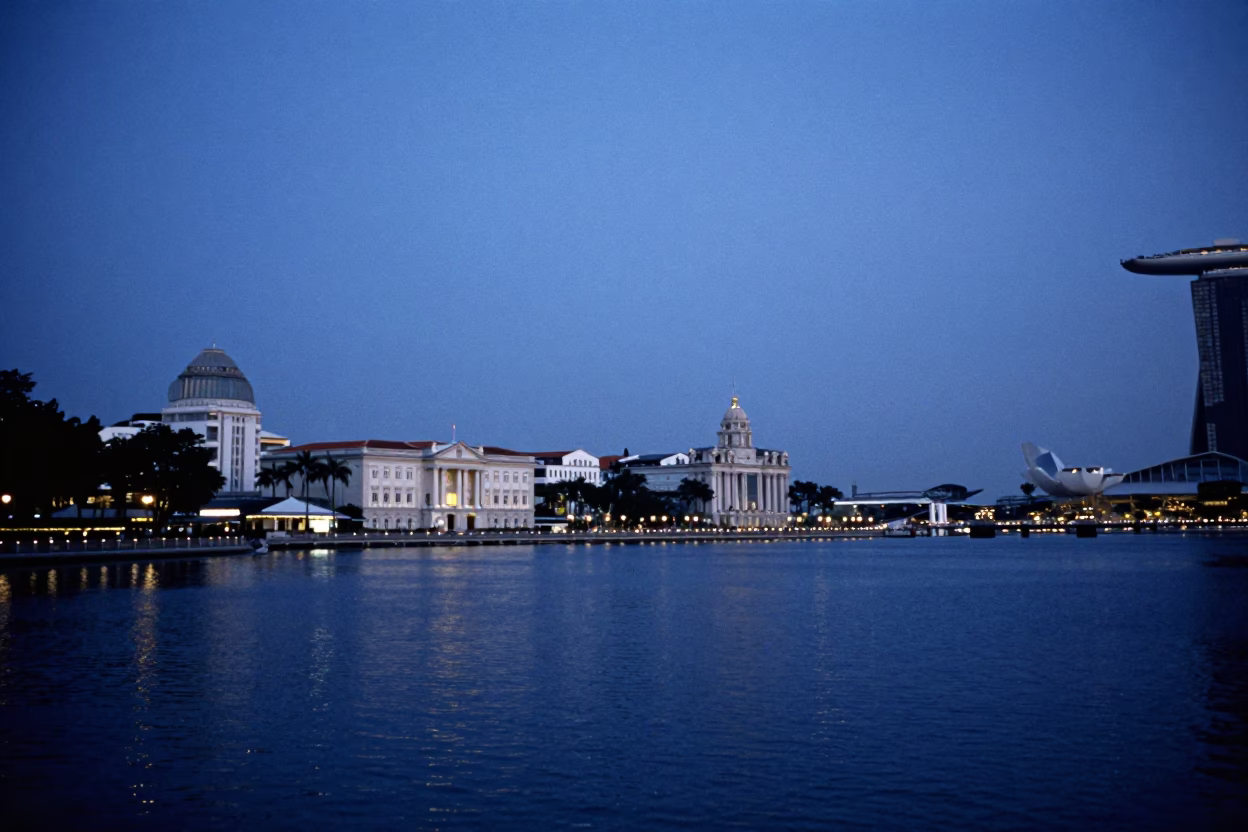 Singapore Marina Bay Waterfront Horizon at Indigo Twilight with Historic Colonial Architecture in in Singapore, Singapore