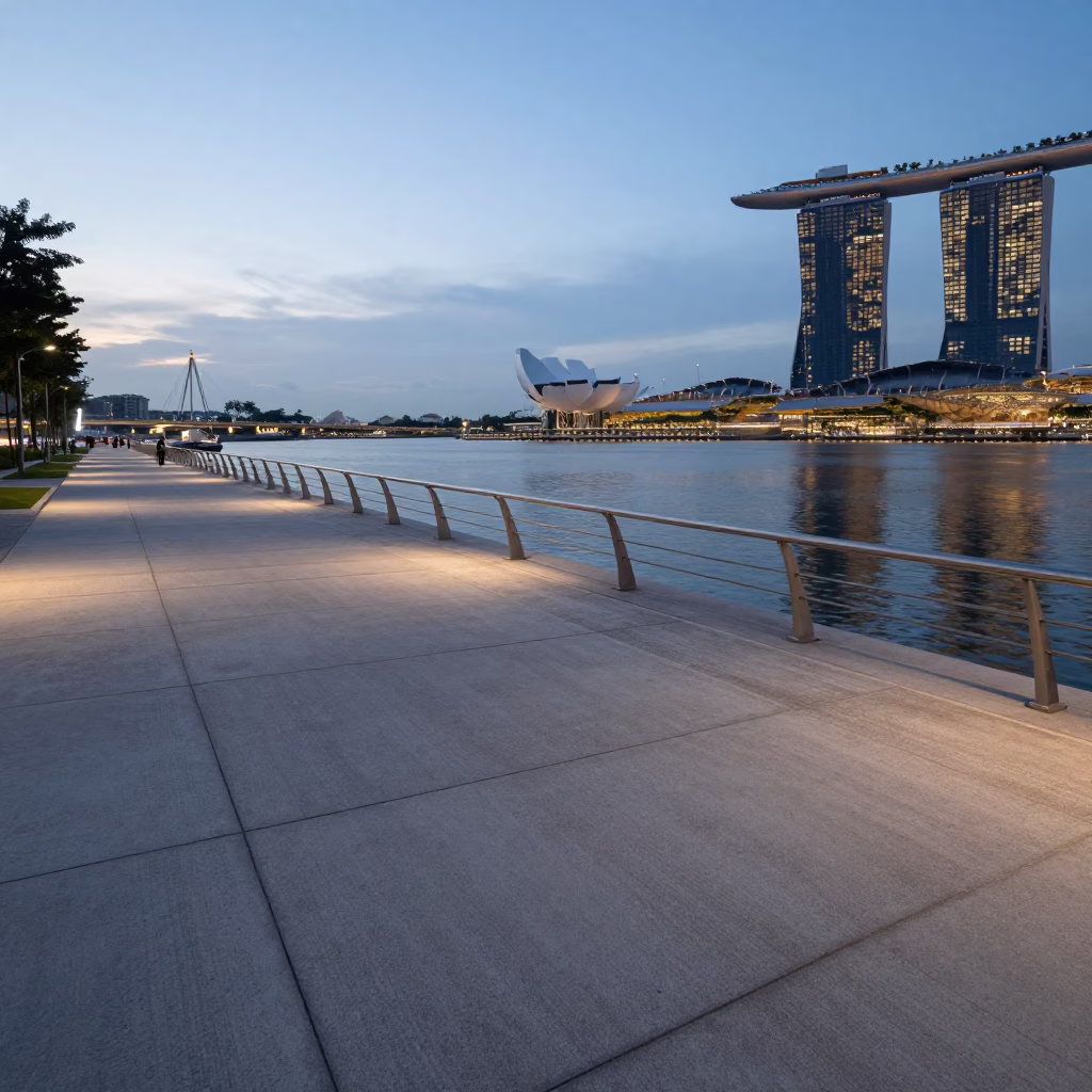 Singapore Marina Bay waterfront promenade at dawn with concrete viaduct and urban architecture in in Singapore, Singapore