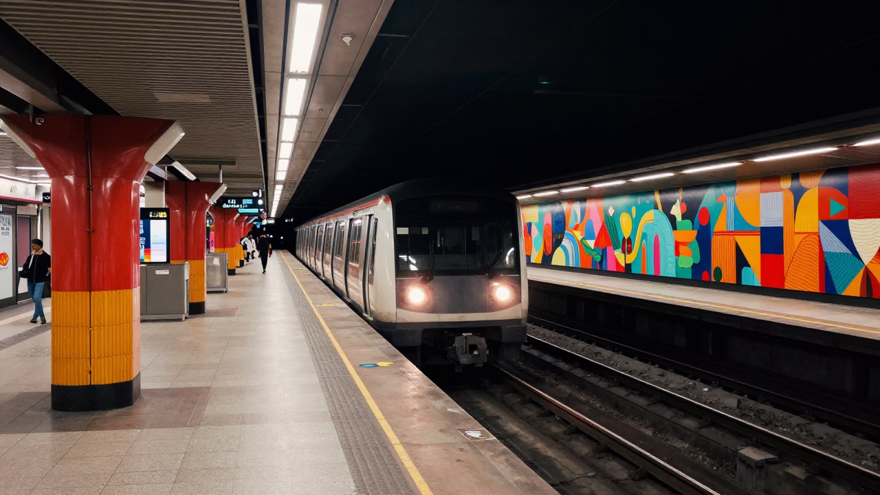 Singapore Metro Station Midnight Rush with Art Adorned Walls and Commuters in in Singapore, Singapore