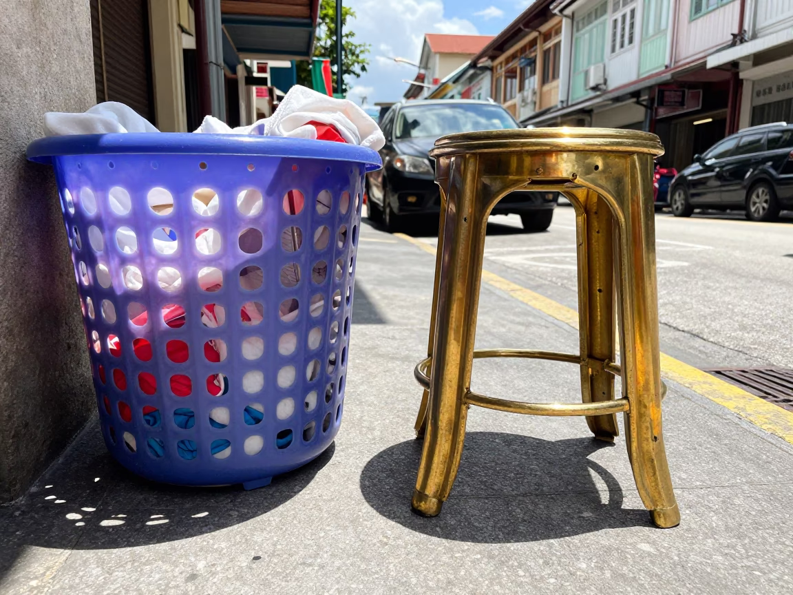 Singapore Midday Street Scene with Laundry Basket and Polished Brass Stool Leg in in Singapore, Singapore