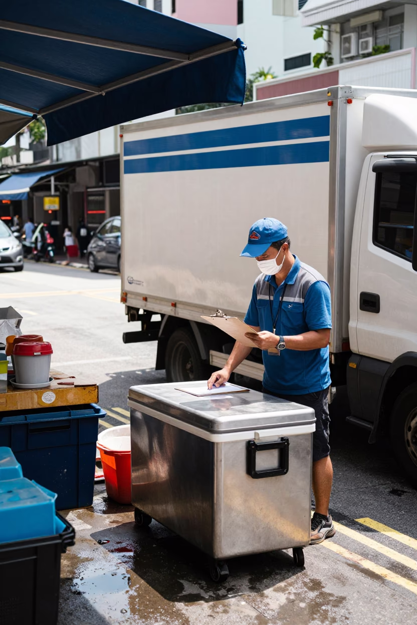 Singapore Midmorning Street Scene with Cold Chain Logistics and Local Market Produce in in Singapore, Singapore