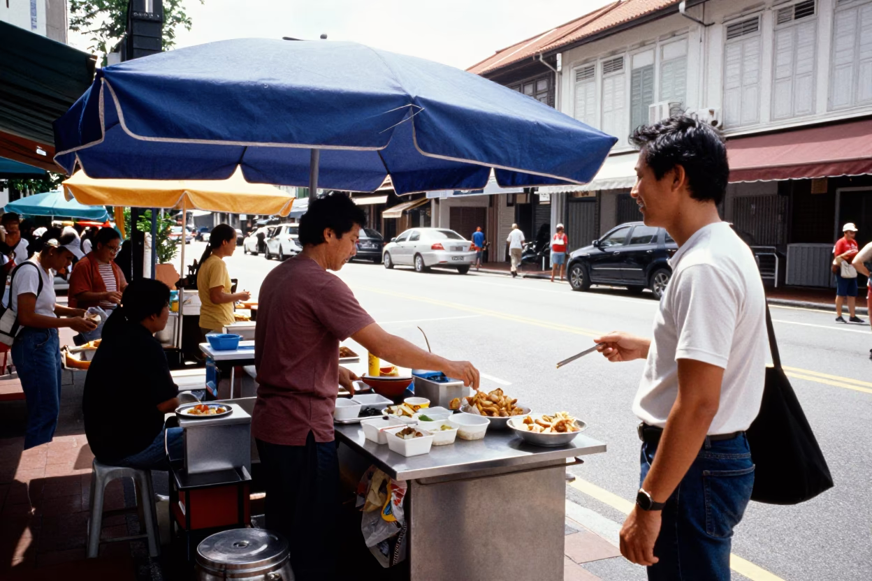 Singapore Midmorning Street Scene with Local Street Food Vendor and Urban Architecture in in Singapore, Singapore