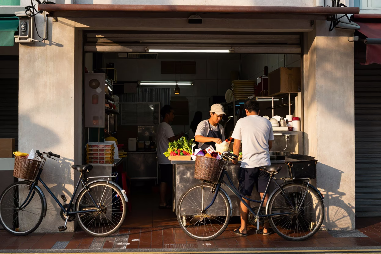 Singapore Morning Street Scene with Bicycle Basket and Glass Carafe After Sunrise in in Singapore, Singapore