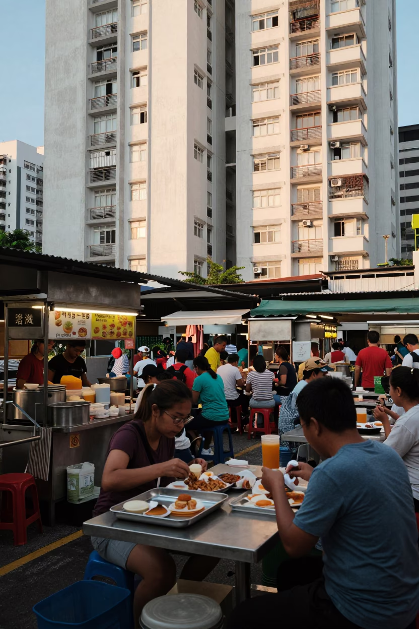 Singapore Morning Street Scene with Food Stall and Lattice Infrastructure at Sunrise in in Singapore, Singapore