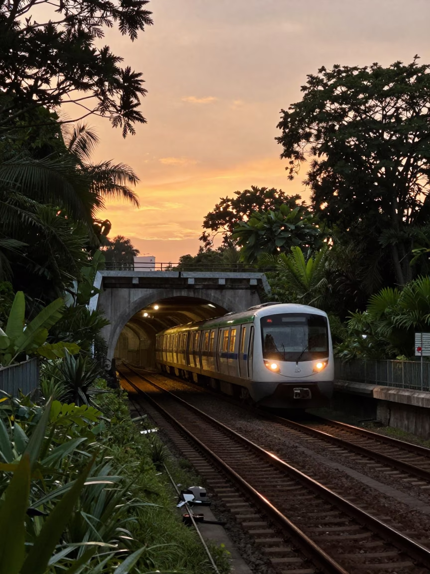 Singapore MRT Train Emerging from Tunnel at Sunset with Urban Architecture in in Singapore, Singapore
