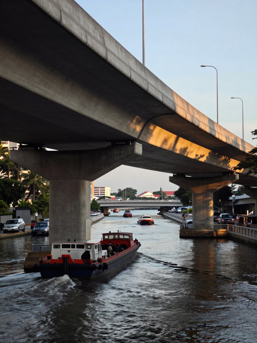 Singapore Nautical Dawn Canal Barge Traffic Under Flyover Shadows in in Singapore, Singapore