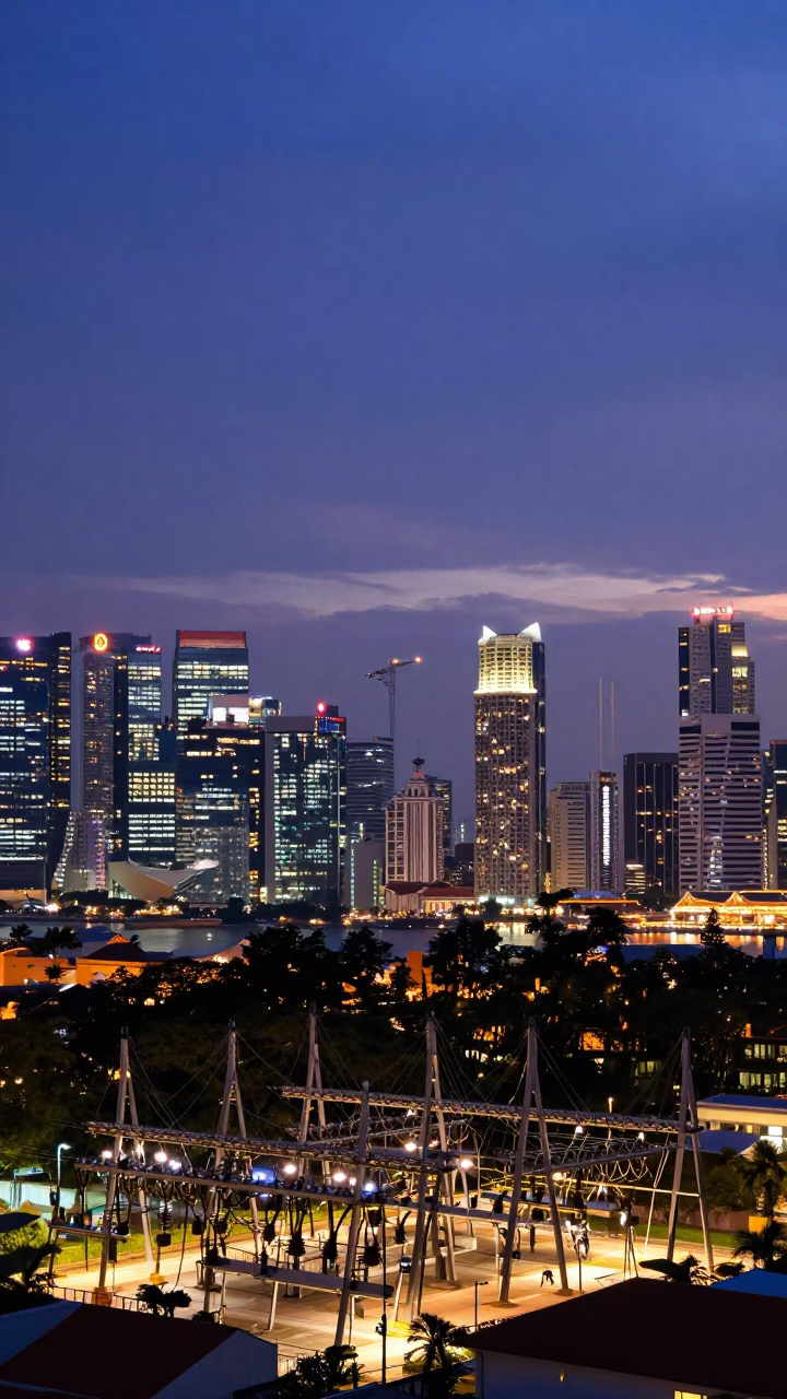 Singapore Nautical Dawn Skyline with Substation Busbars Glowing Under Ice-Blue Twilight in in Singapore, Singapore