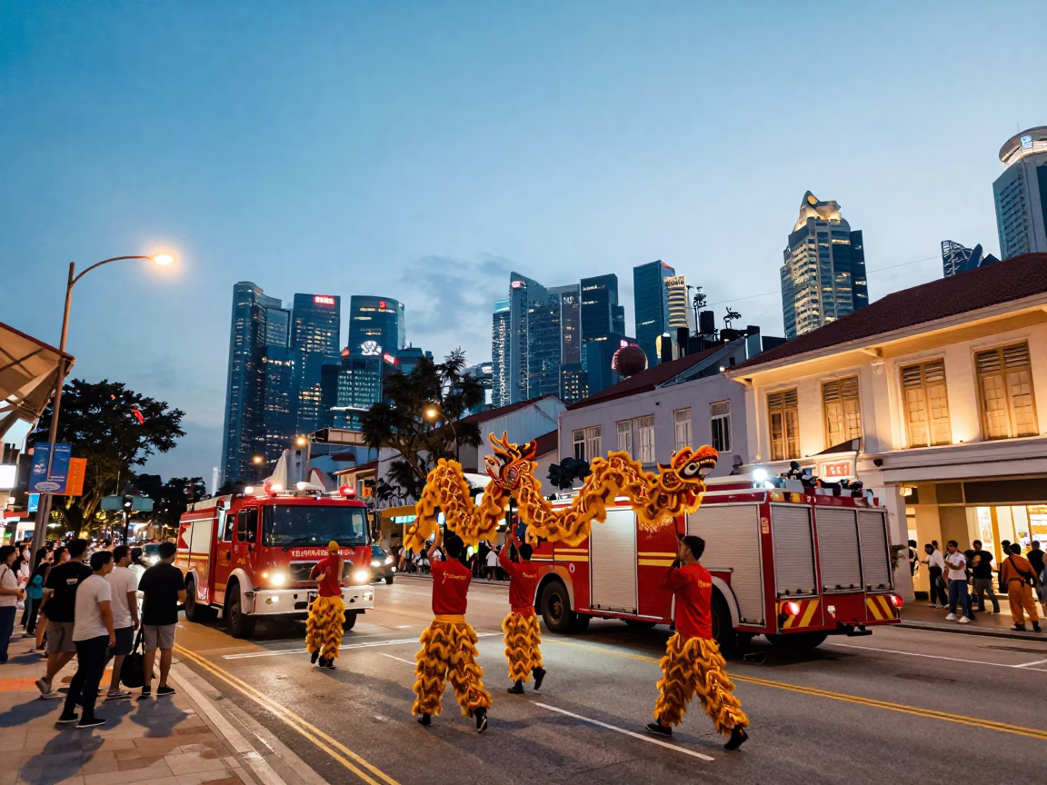 Singapore Nautical Dawn Street Scene with Fire Engine and Urban Life in in Singapore, Singapore