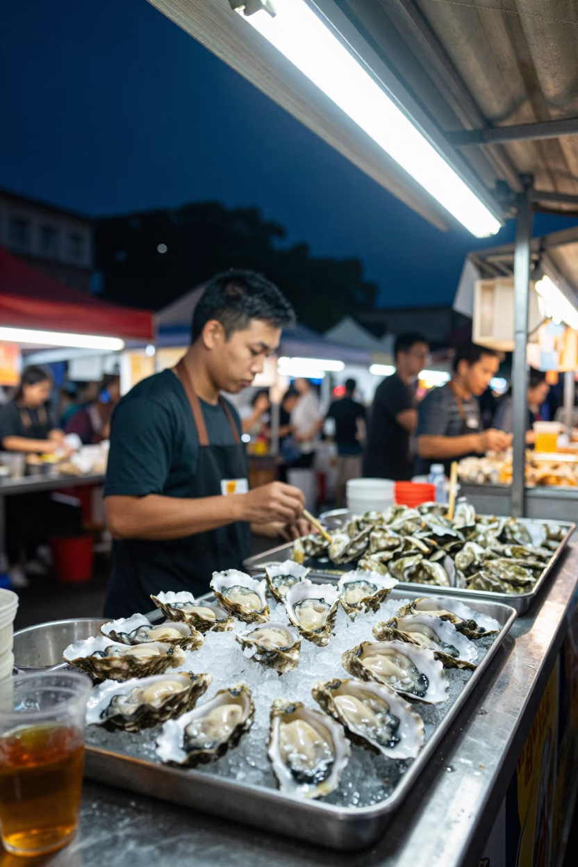 Singapore Night Market Stall with Fresh Oysters and Tea Tin Under Deep Night Sky in in Singapore, Singapore