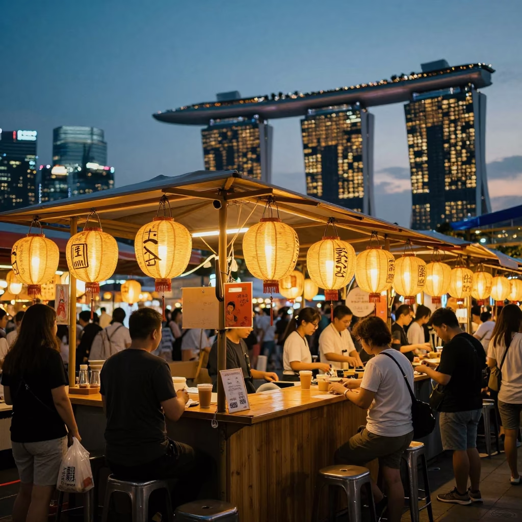 Singapore Night Market Stall with Hanging Lanterns and Coiled Rope at Dusk in in Singapore, Singapore