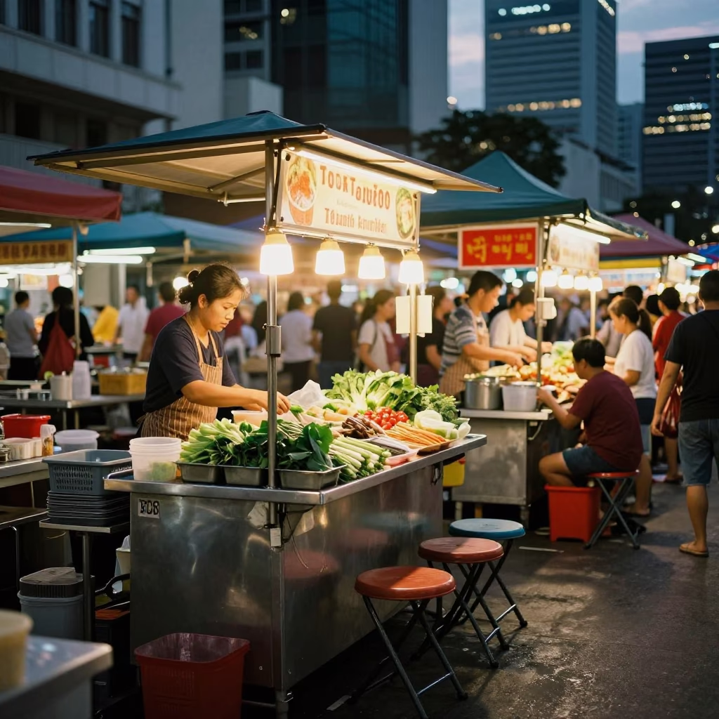 Singapore Night Market Street Food Stall with Folding Stools and Artichokes at Dusk in in Singapore, Singapore