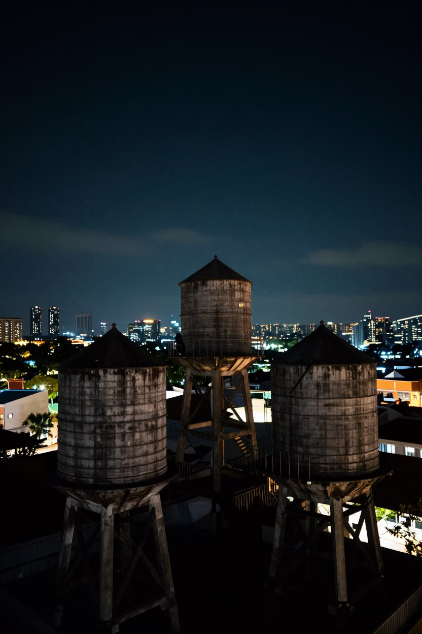 Singapore Night Skyline Water Tower Rooftop View Deep Night Realistic Photography in in Singapore, Singapore