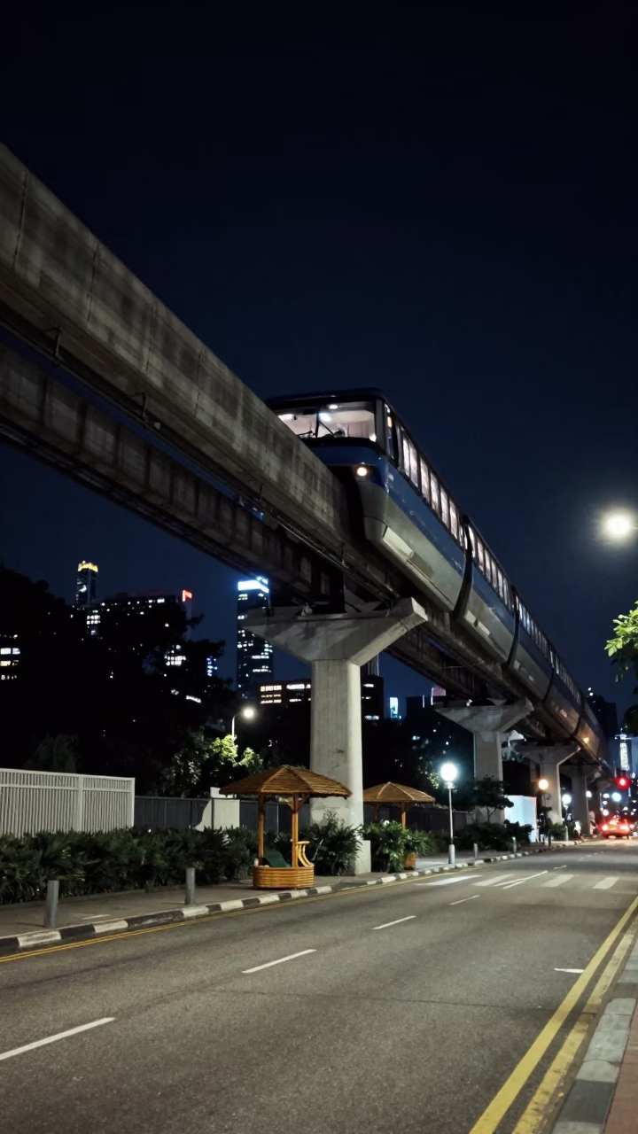 Singapore Night Street Scene with Monorail Overhead and Wicker Shadows in in Singapore, Singapore