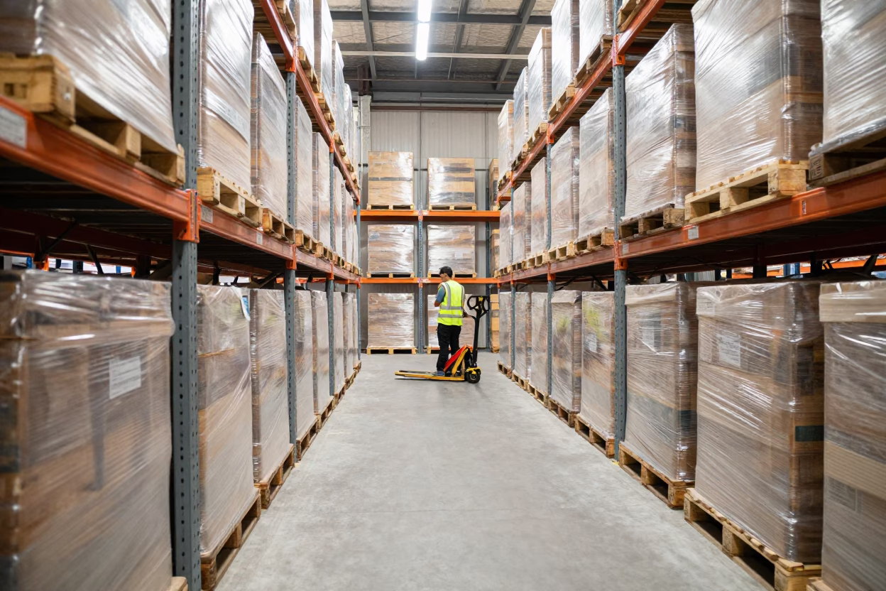 Singapore Noon Light on Shrink-Wrapped Warehouse Pallets and Industrial Strip Lighting in in Singapore, Singapore