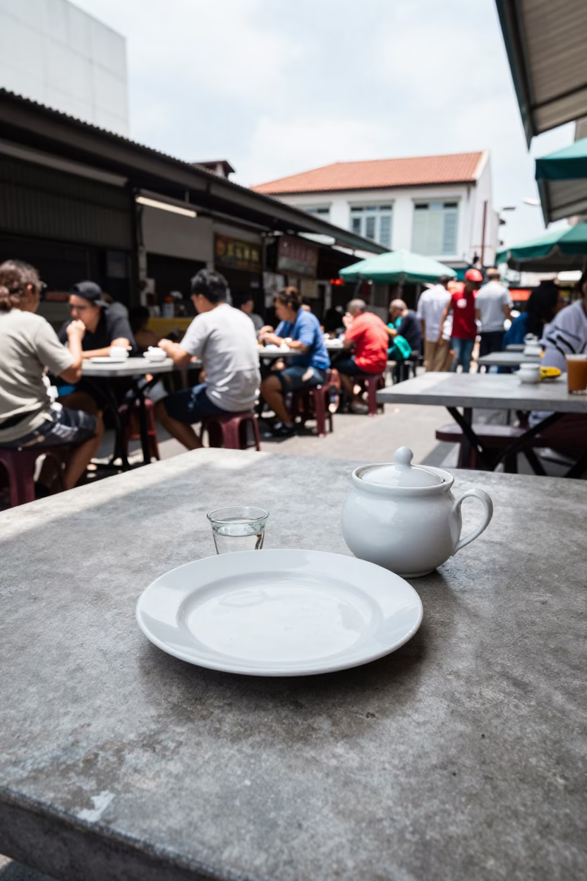 Singapore Noon Street Scene with Plate and Sugar Bowl at Hawker Center in in Singapore, Singapore