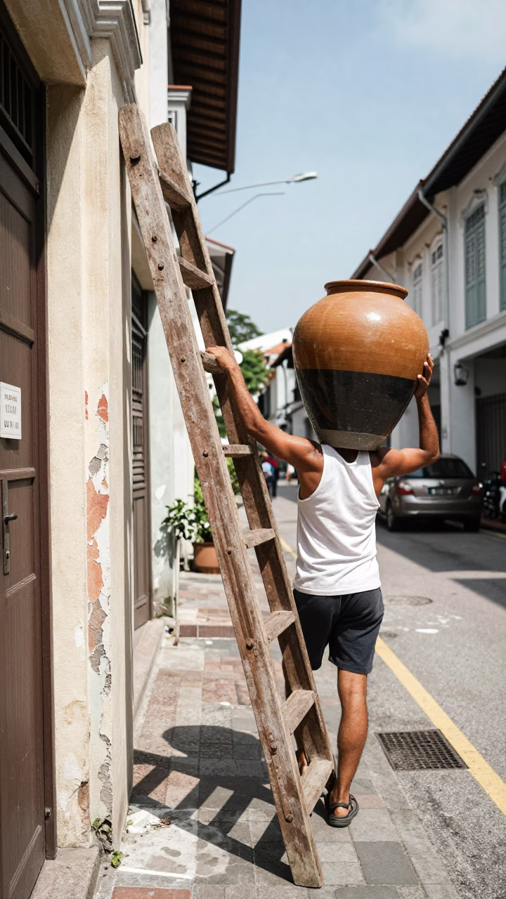 Singapore Noon Street Scene with Wooden Ladder and Ceramic Pot in in Singapore, Singapore
