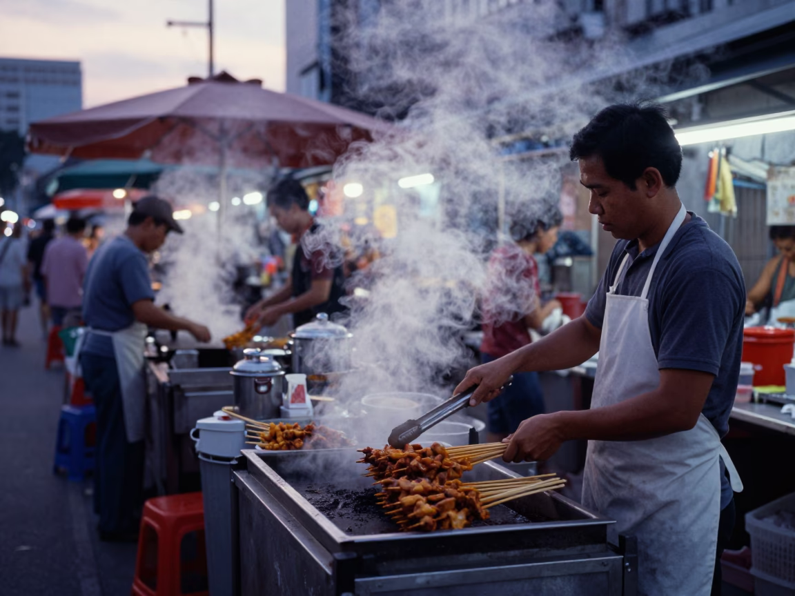 Singapore Pre-Dawn Hawker Center Street Scene with Steam and Local Breakfast Elements in in Singapore, Singapore