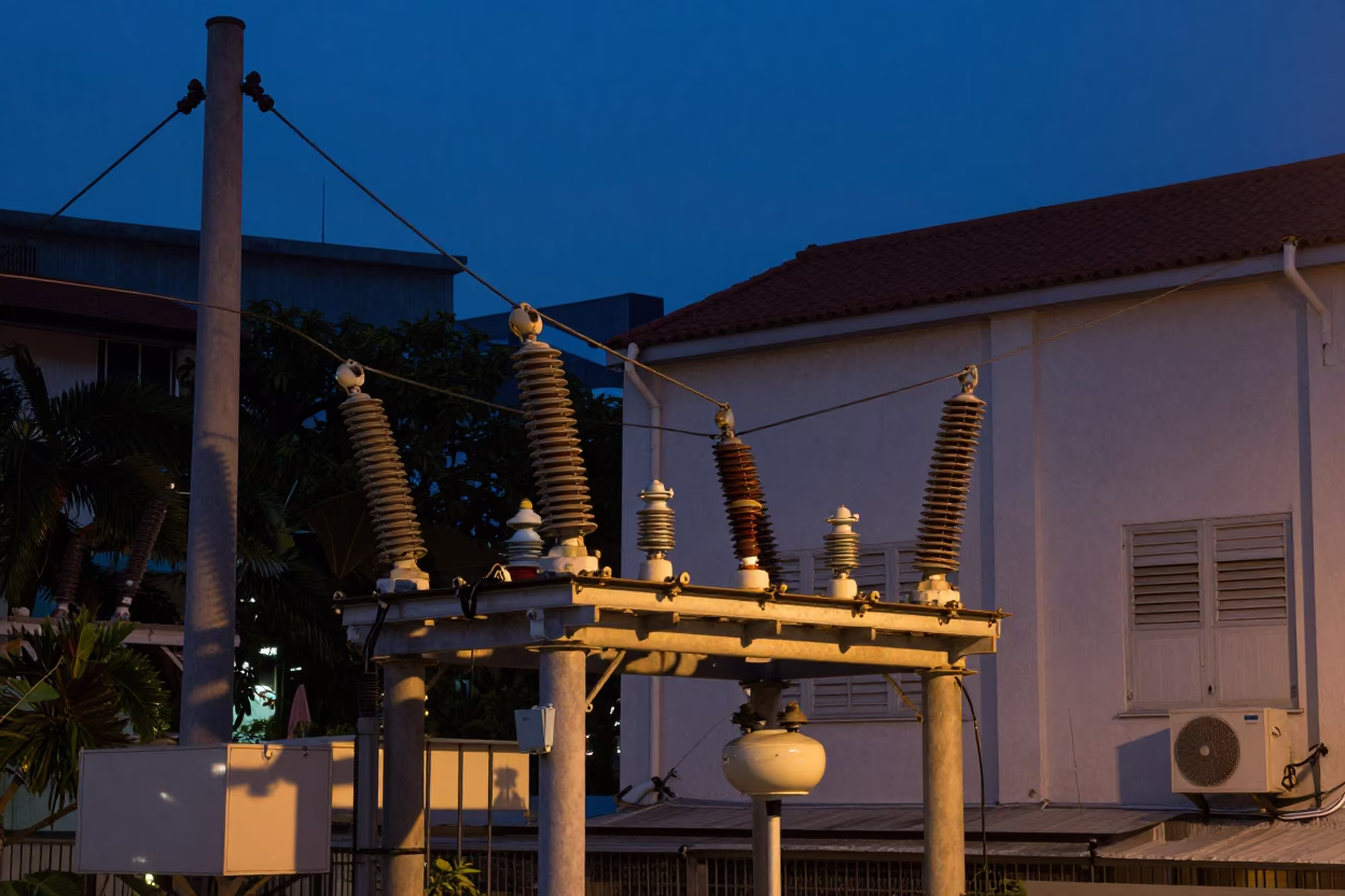 Singapore Predawn Street Scene with Substation Insulators Sparkling Under Floodlights in in Singapore, Singapore