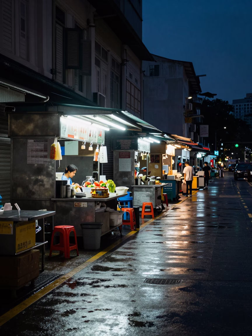 Singapore Predawn Street Scene with Tea Stains and Urban Detail in in Singapore, Singapore