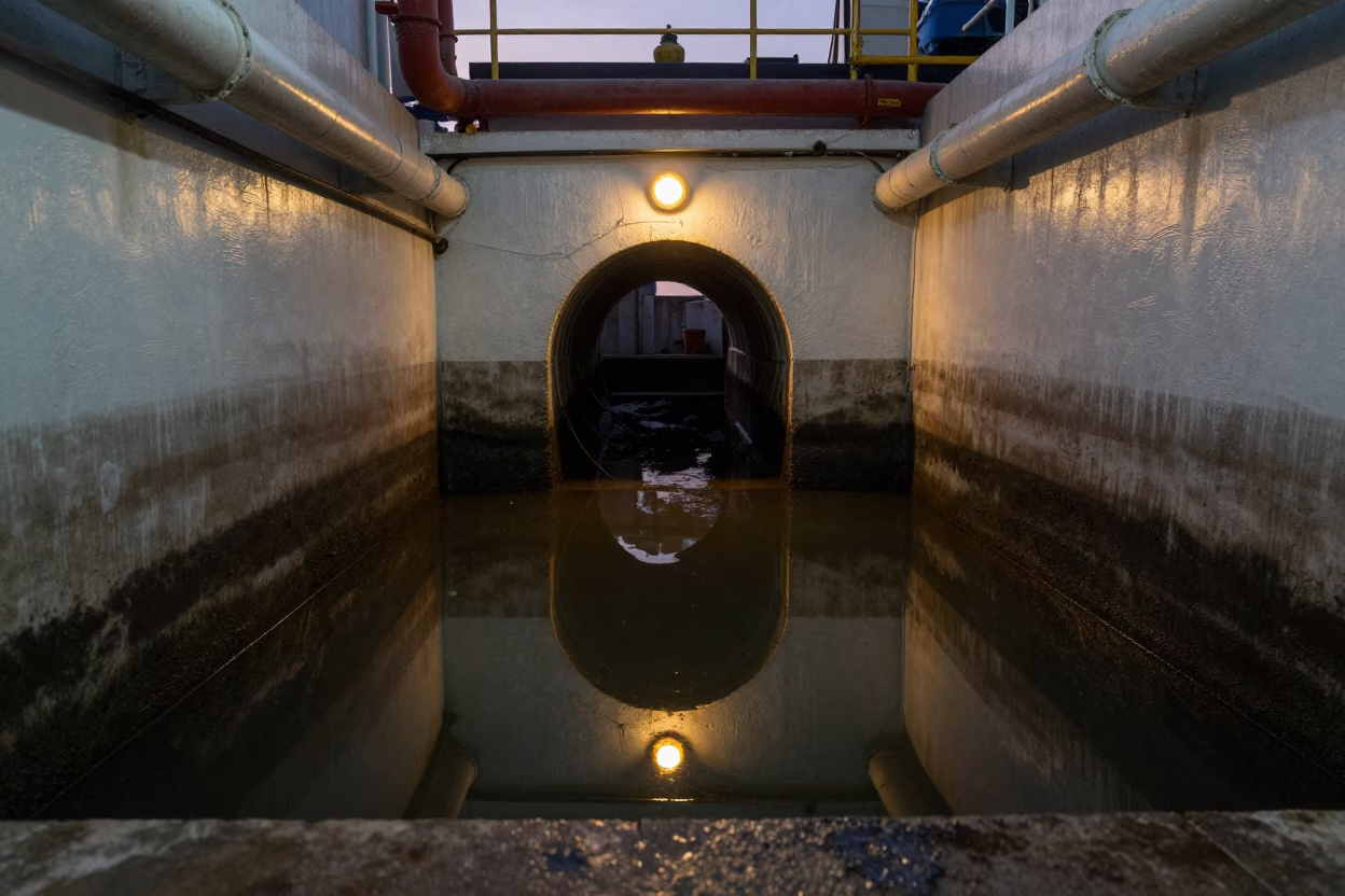 Singapore Service Tunnel Sump Reflecting Blinking Indicators and Pipework at Nautical Dawn in in Singapore, Singapore