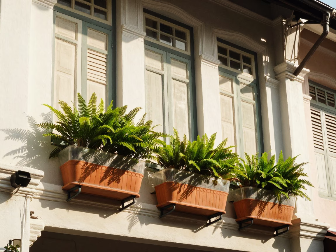 Singapore shop house window boxes with greenery in clear afternoon light in in Singapore, Singapore