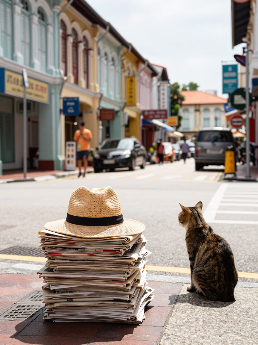 Singapore street corner with sun hat and newspaper stack at winter noon in in Singapore, Singapore