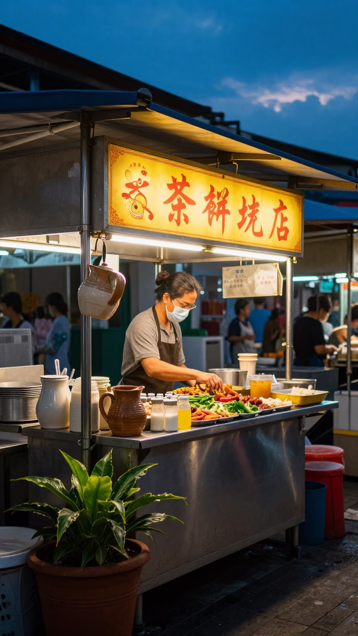 Singapore street food stall at blue hour with ceramic pitcher and potted herbs in in Singapore, Singapore