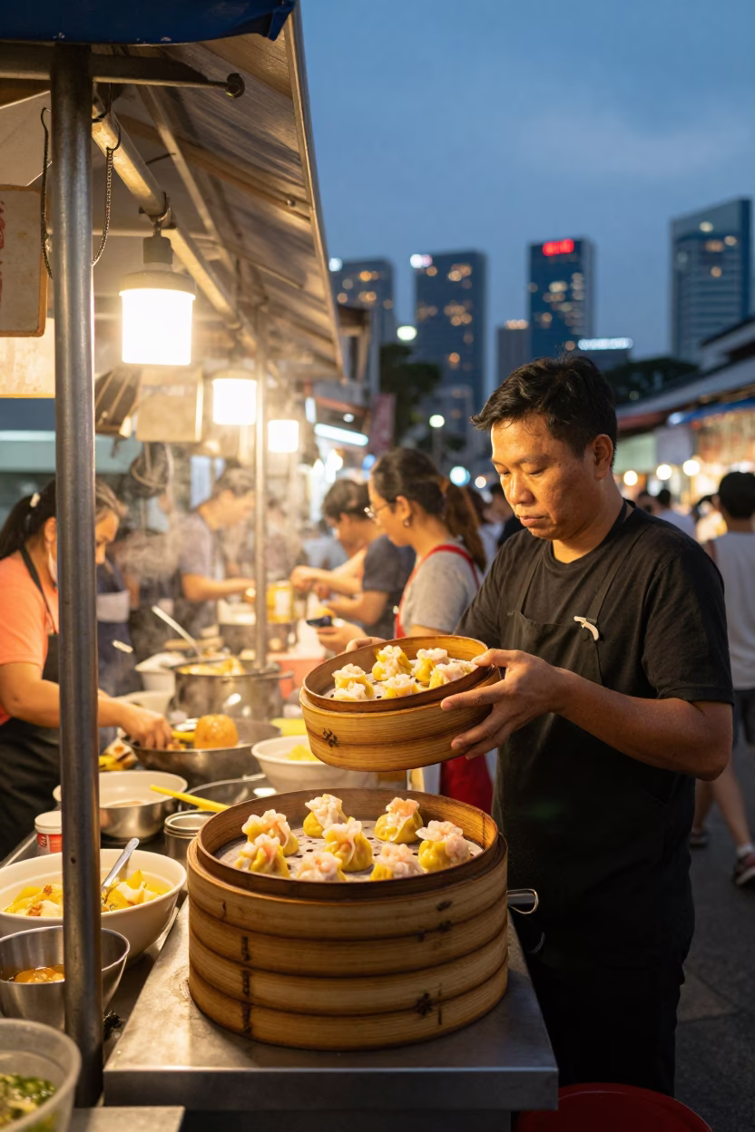 Singapore Street Food Stall at Dusk with Bamboo Steamer and Urban Backdrop in in Singapore, Singapore
