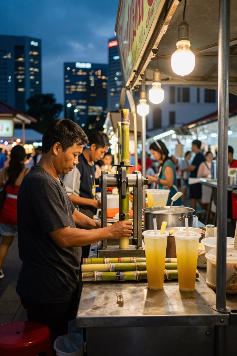 Singapore street food stall at dusk with sugarcane juice and local commuters in in Singapore, Singapore