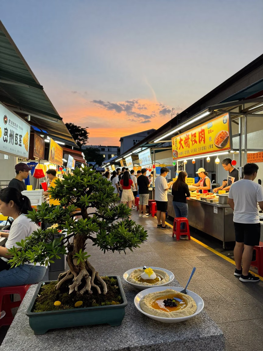 Singapore Street Food Stall Evening Scene with Bonsai and Hummus Spread in in Singapore, Singapore