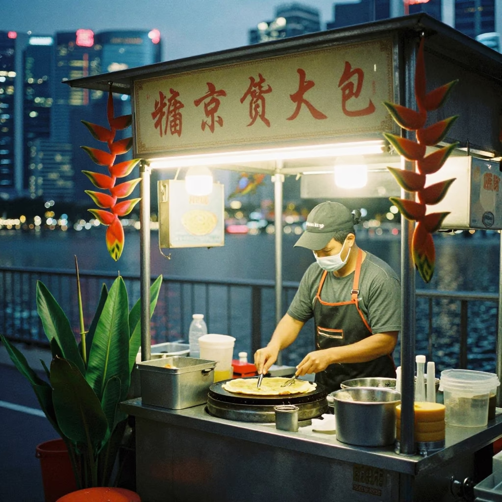 Singapore Street Food Stall Evening with Heliconia Flowers and Jianbing Crepe in in Singapore, Singapore