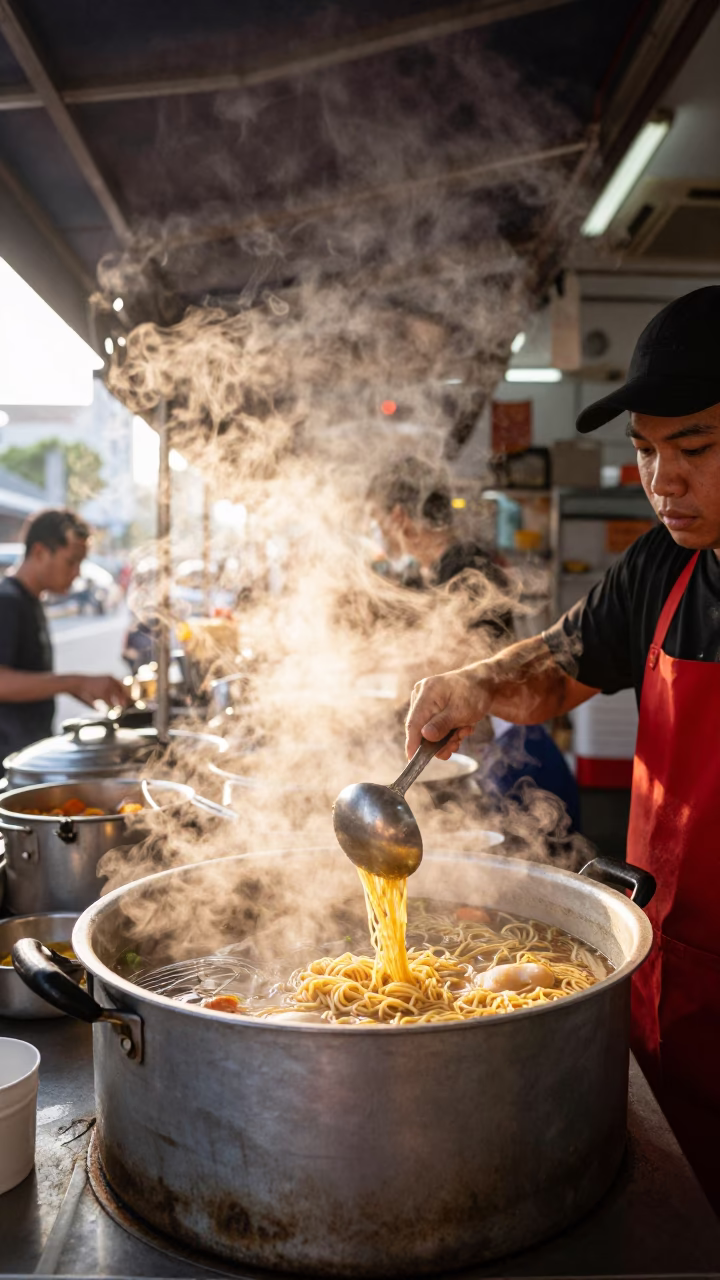 Singapore Street Food Stall Morning Breakfast Noodles Steam Rising Just After Sunrise in in Singapore, Singapore