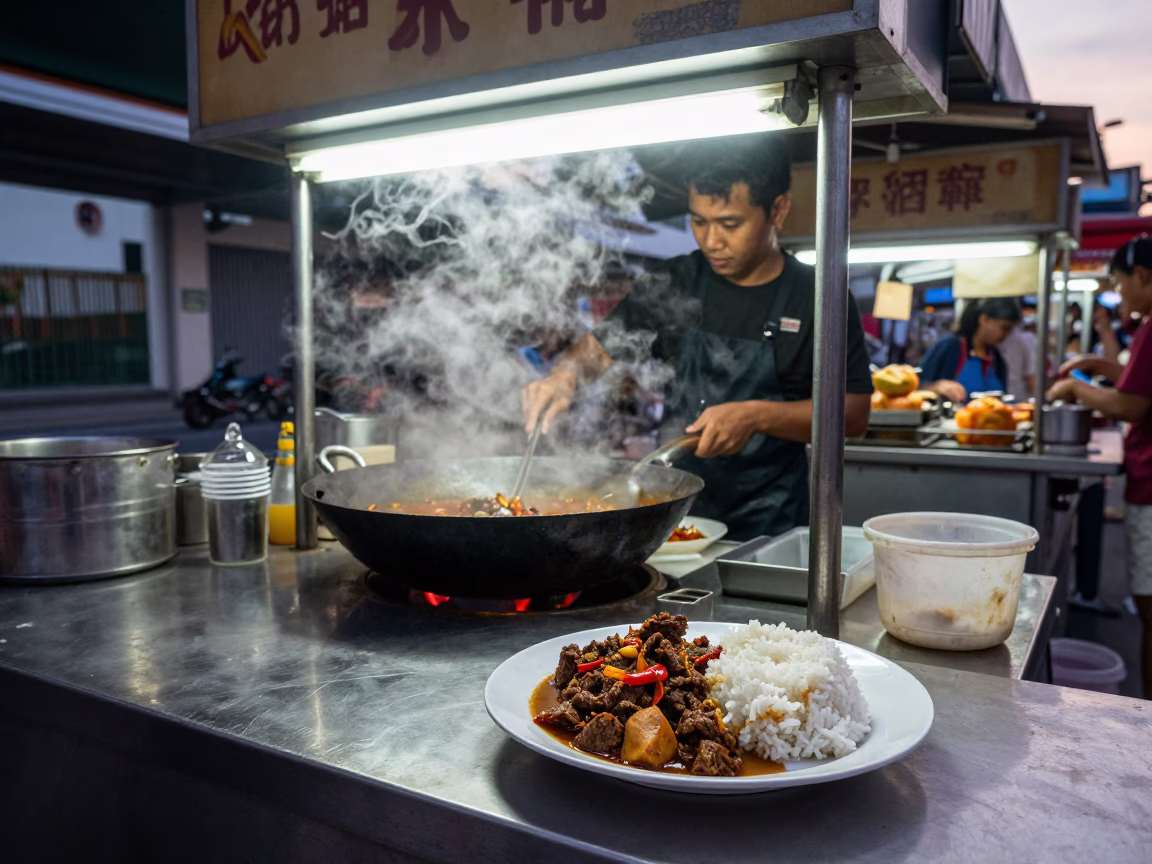 Singapore Street Food Stall Pre-Dawn Activity with Beef Rendang and Lemons in in Singapore, Singapore