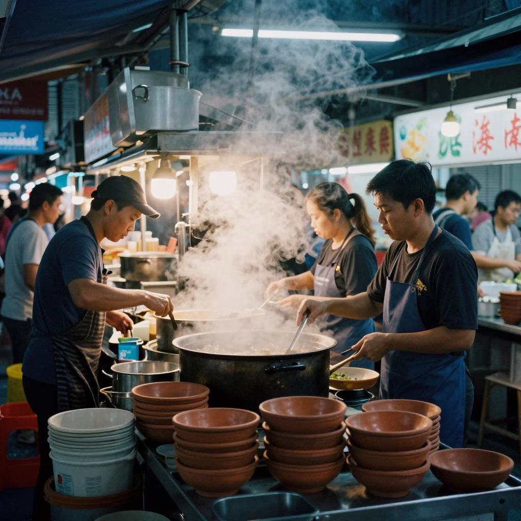Singapore street food stall pre-dawn activity with terracotta bowls and utensils before sunrise in in Singapore, Singapore