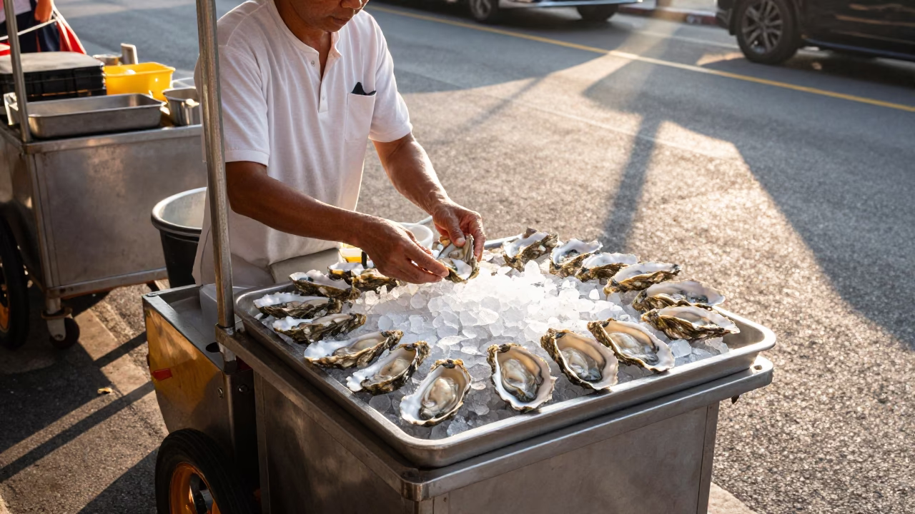 Singapore street food vendor preparing fresh oysters on ice after sunrise in in Singapore, Singapore