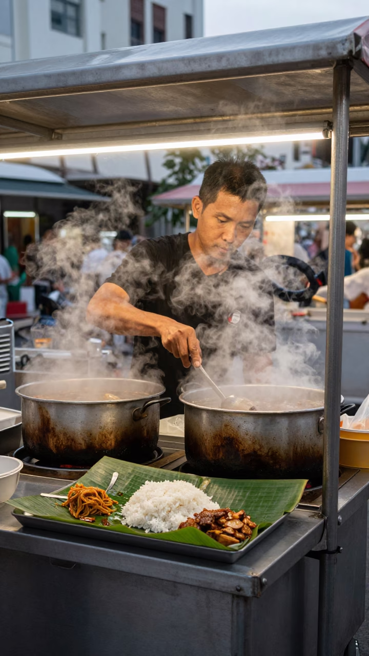 Singapore street food vendor serving banana leaf meals in honeyed evening light in in Singapore, Singapore