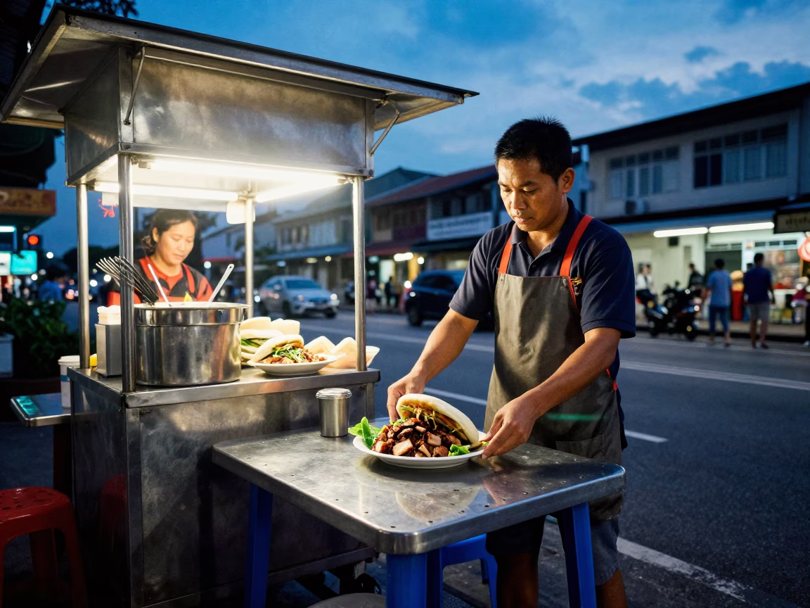 Singapore Street Food Vendor Serving Bun Cha at Twilight with Fresh Herbs in in Singapore, Singapore