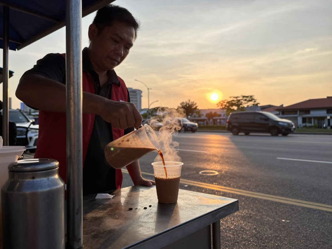 Singapore street food vendor serving masala chai at sunset with bustling city backdrop in in Singapore, Singapore