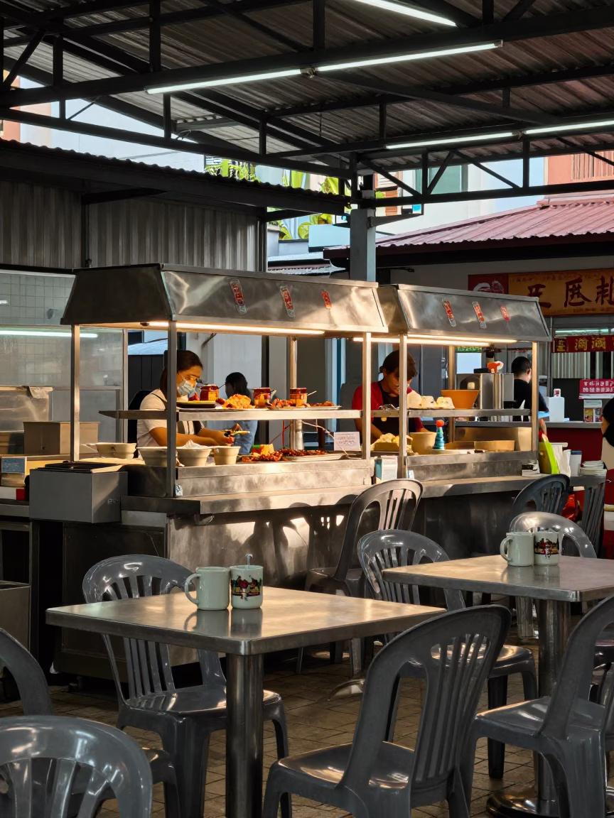 Singapore Street Hawker Center First Light Ceramic Mugs and Morning Coffee Routine in in Singapore, Singapore