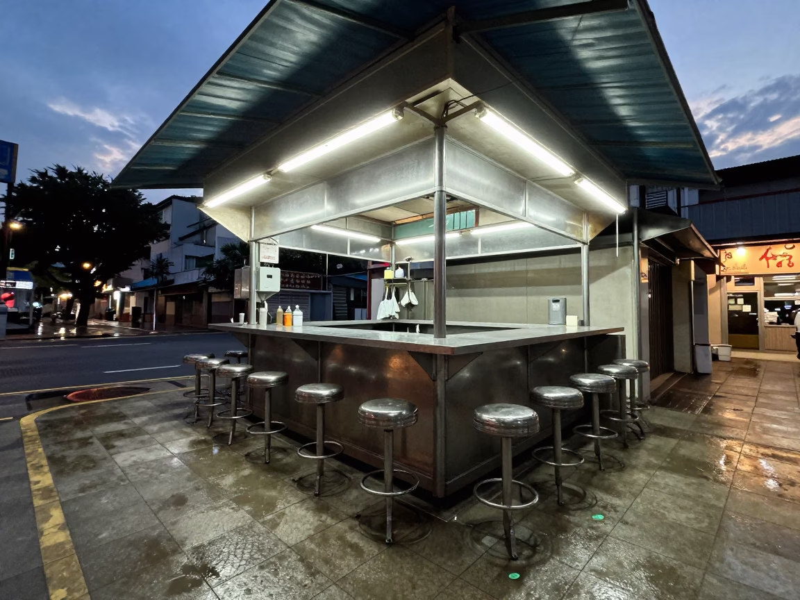 Singapore Street Hawker Stall Before Dawn Bar Stools and Morning Routine in in Singapore, Singapore