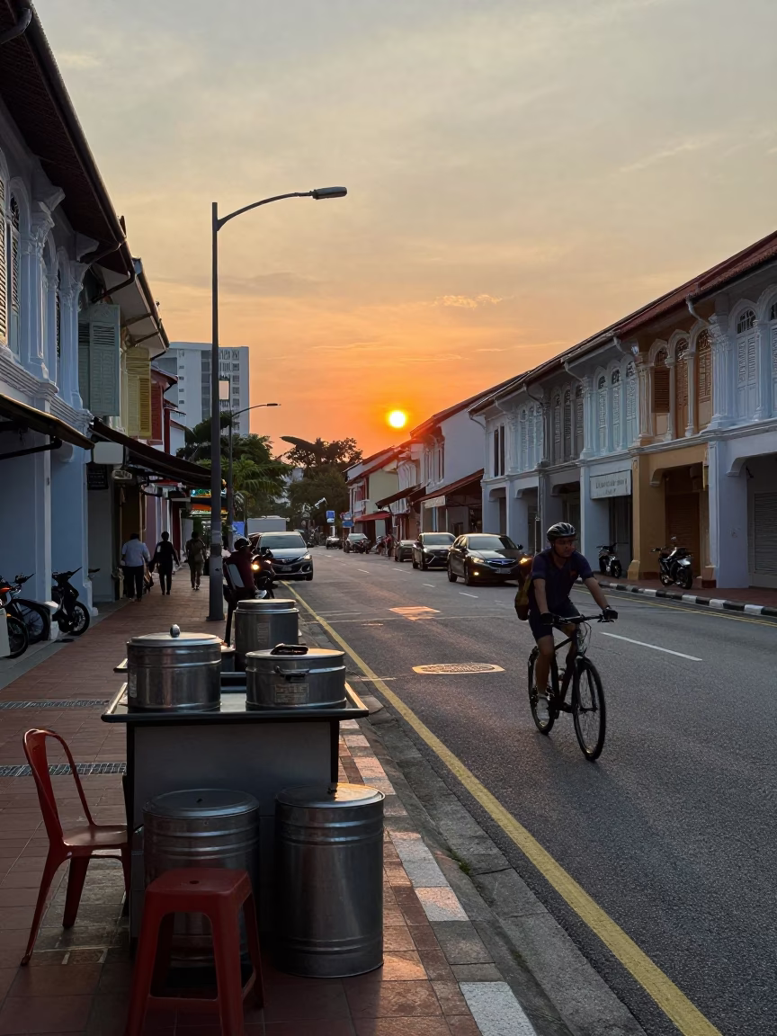 Singapore Street Scene at Dusk with Canisters and Chair Near Traditional Shop House in in Singapore, Singapore