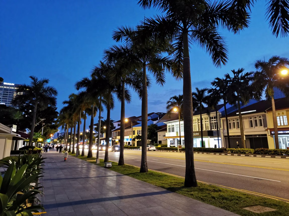 Singapore Street Scene at Dusk with Palm Trees and Clear Glass Shopfronts in in Singapore, Singapore