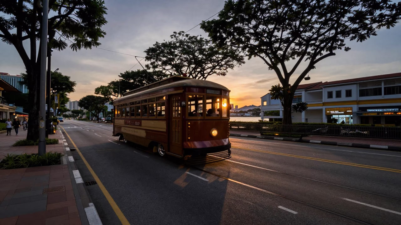 Singapore street scene at dusk with vintage tramcar and brushed steel rim details in in Singapore, Singapore
