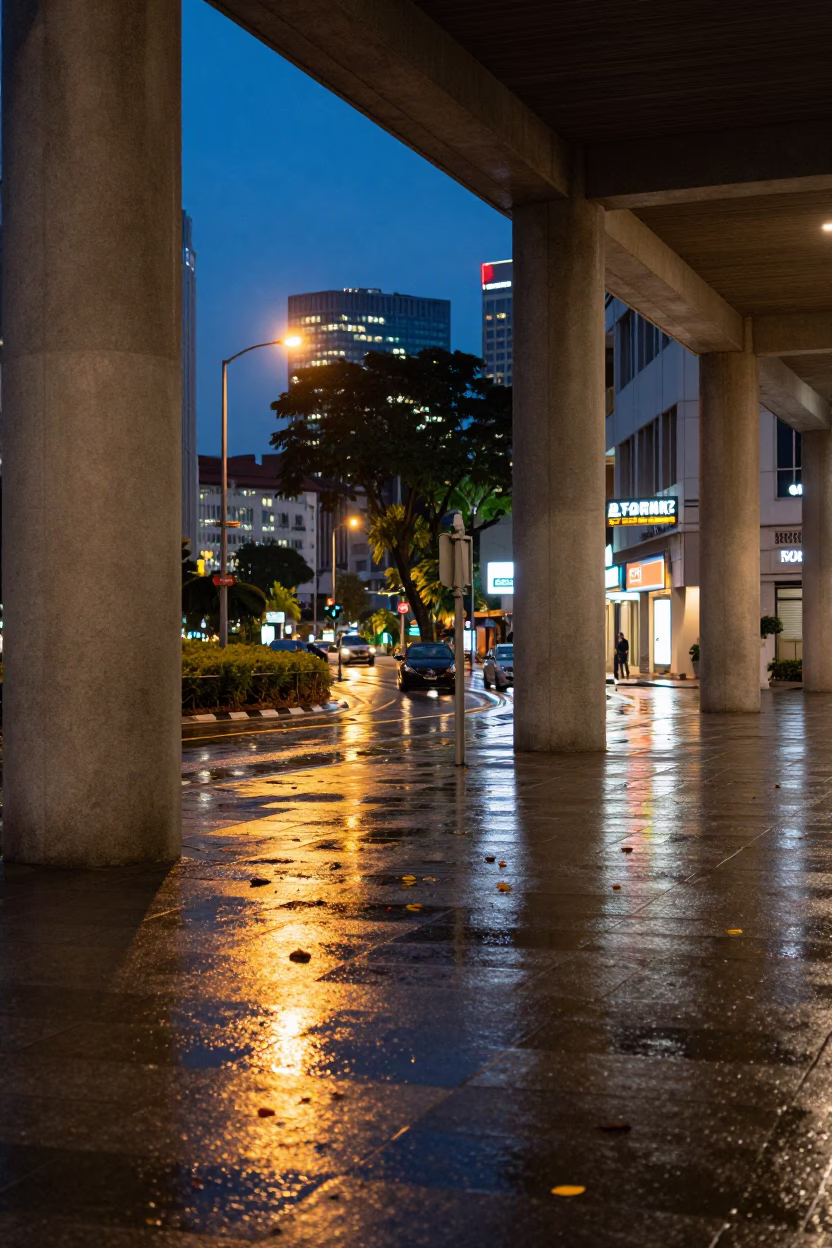 Singapore Street Scene at Dusk with Wet Leaves Skittering Through University Arcade Columns in in Singapore, Singapore