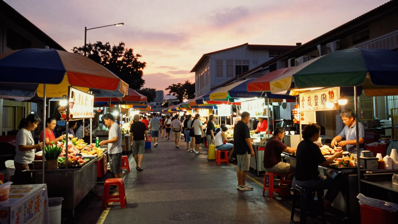 Singapore Street Scene at Sunset Light in in Singapore, Singapore