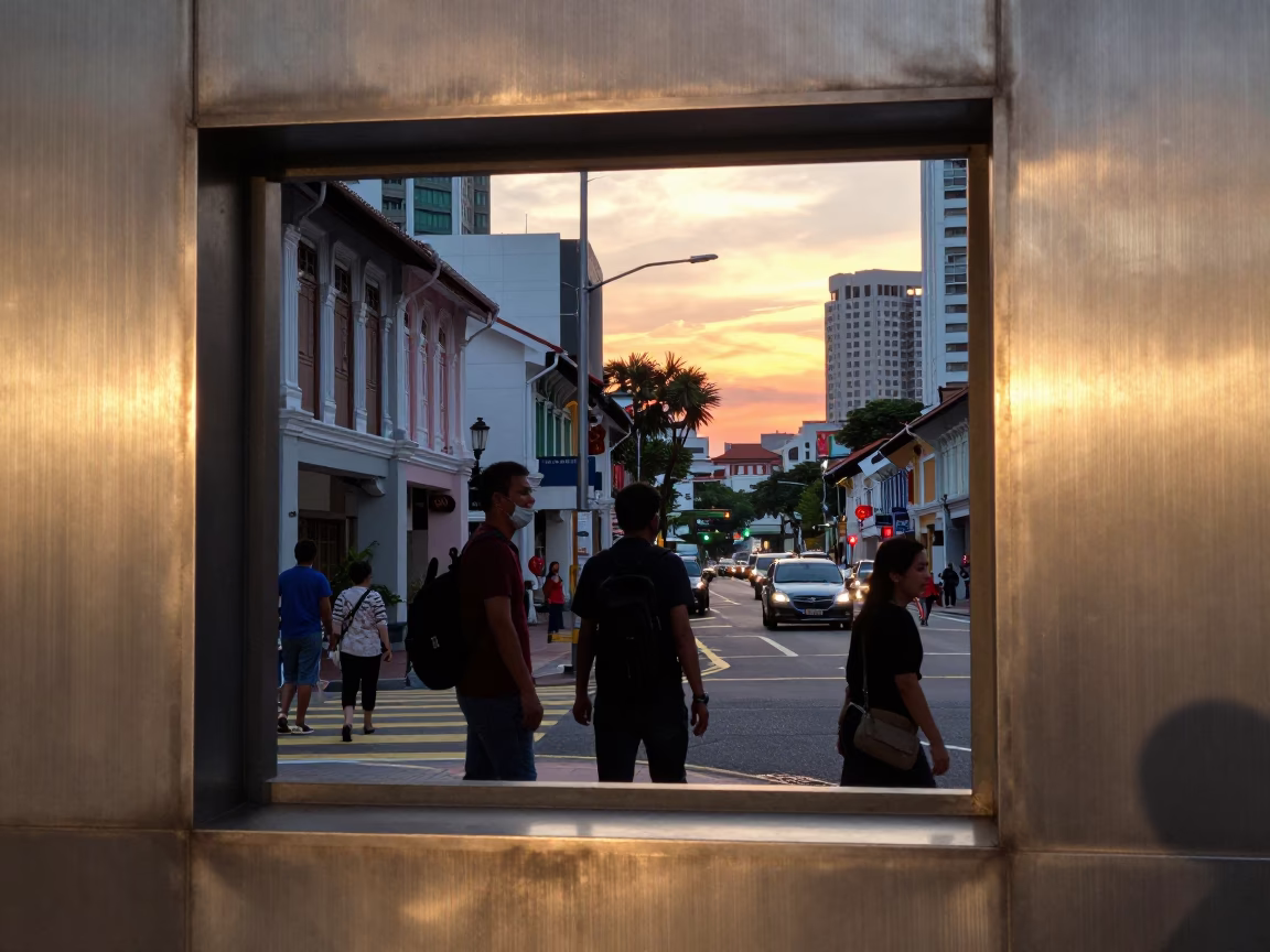 Singapore street scene at sunset with brushed steel window glass and busy urban life in in Singapore, Singapore